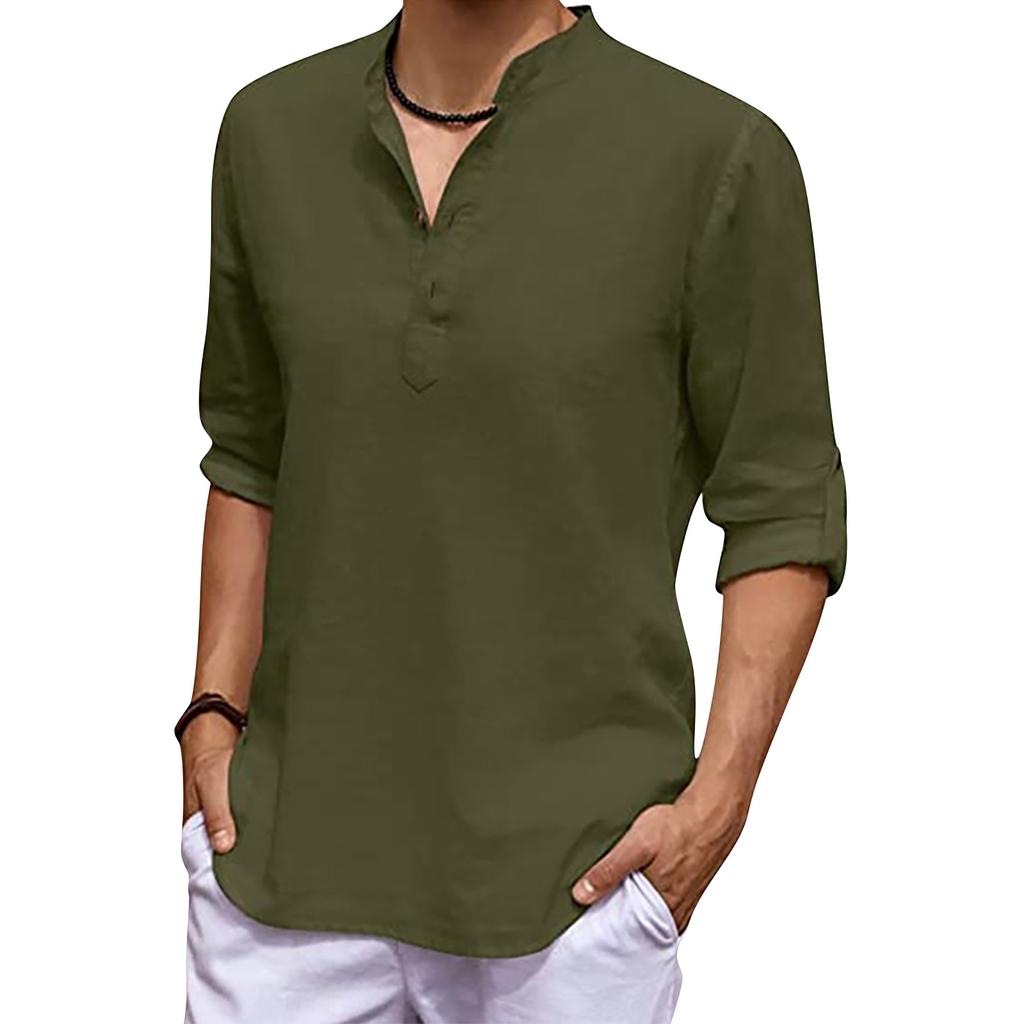 Designer Spring Summer Men's Casual Cotton Linen Color Long Sleeve Shirts Loose Stand Collar Shirts