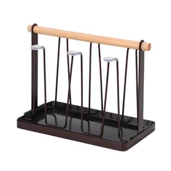 Iron Cup Drying Rack with Wood Handle & Drip Tray Baby Bottle Dryer Holder Space-Saving Countertop Organizer for Mugs