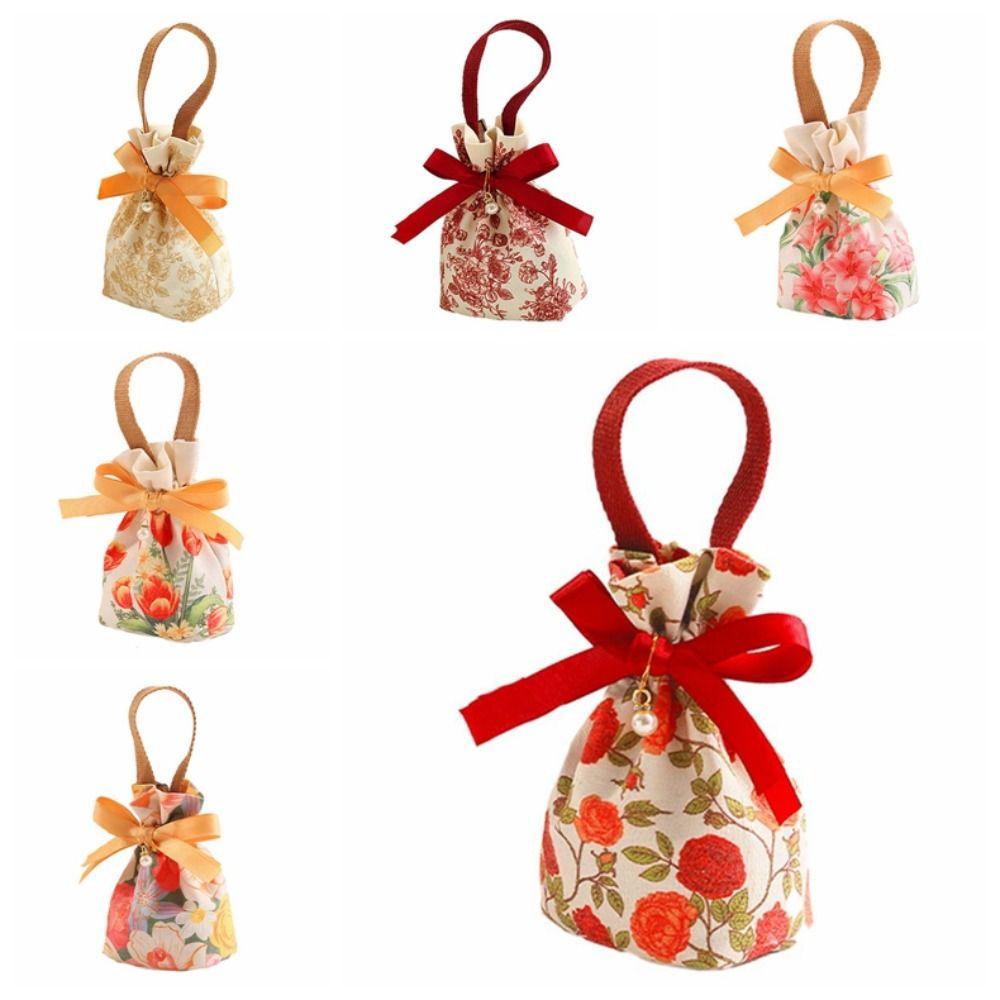 Tulip Rose Flower Drawstring Bag Floral Festive Sugar Bag Portable Ins Canvas Wrist Bag  Outdoor