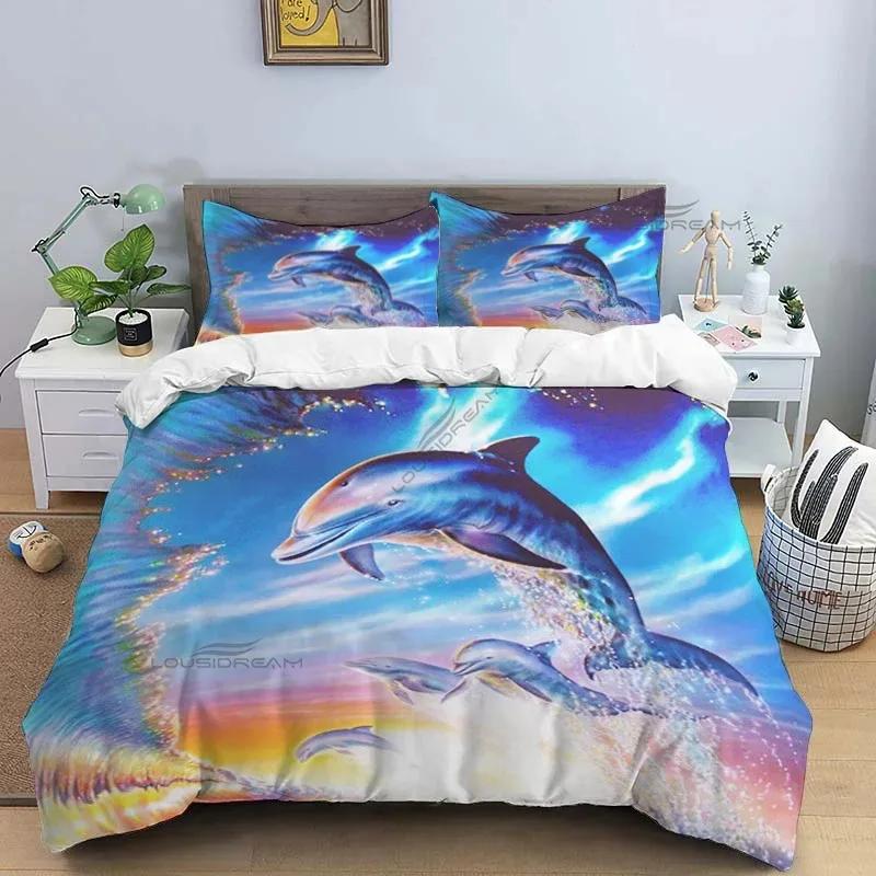 Dolphin Pattern Comforter Bedding Set,Duvet Cover Bed Set Quilt Cover Pillowcase,King Queen Size Bedding Set