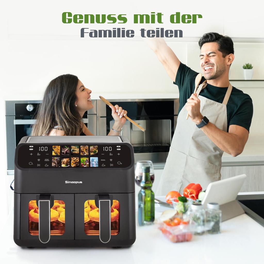 9L Air Fryer with Double Chamber, Fryer with LED Display, Adjustable Time and Temperature 80-200℃
