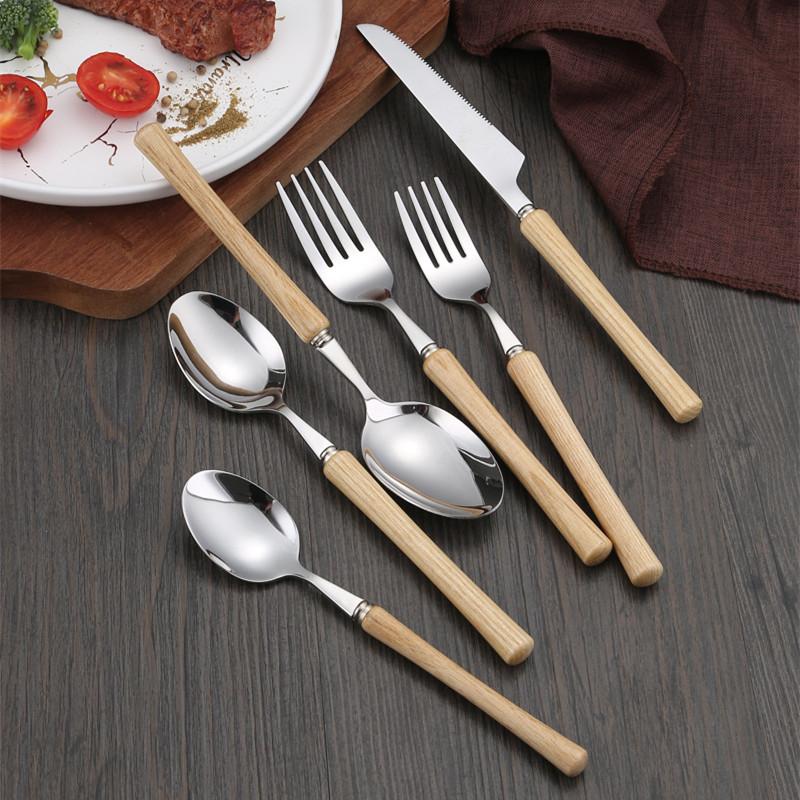 Wooden Handle Cutlery Set 304 Stainless Steel Knife Fork Spoon Teaspoon Dinnerware Set  Japanese Tableware Kitchen Utensils