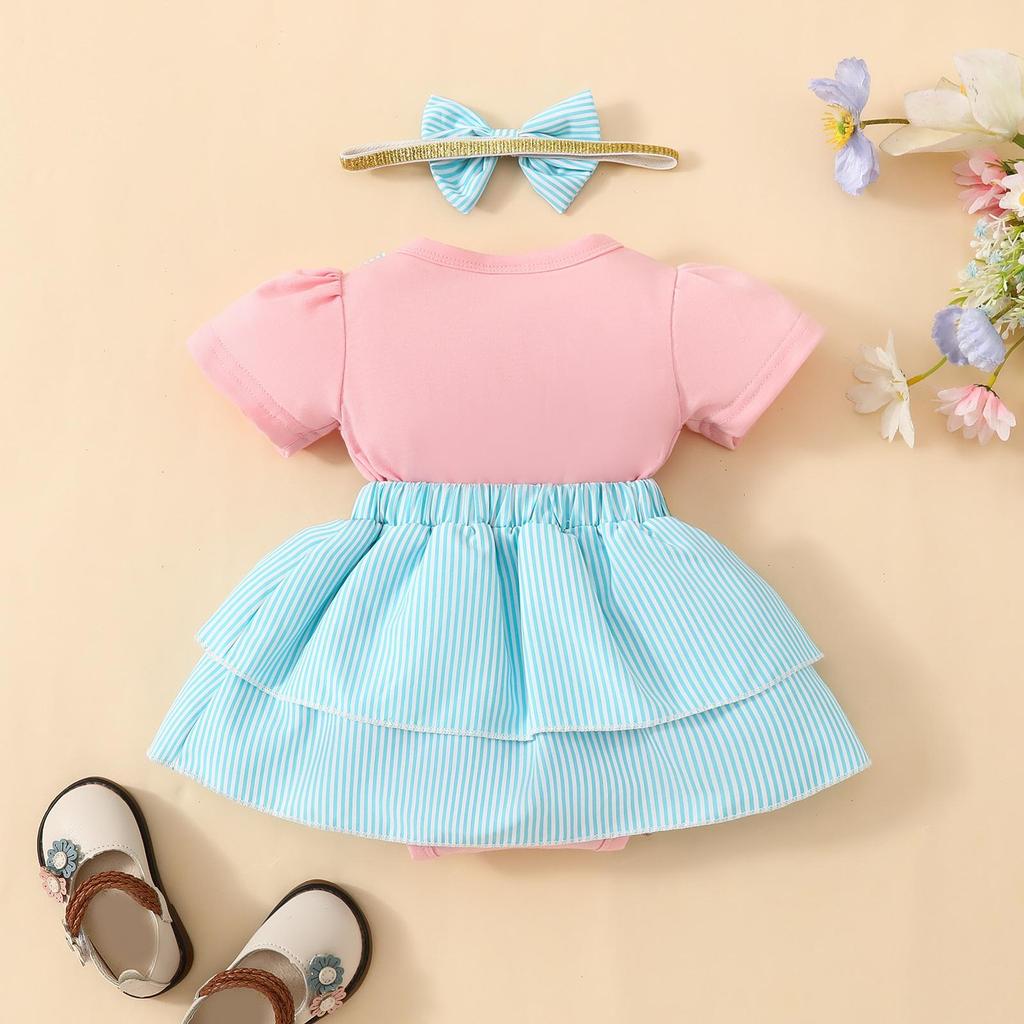 Baby Girls Summer Romper Dress 3 6 9 12 18 Months Short Sleeve Crewneck Bear Embroidery Romper with Headband