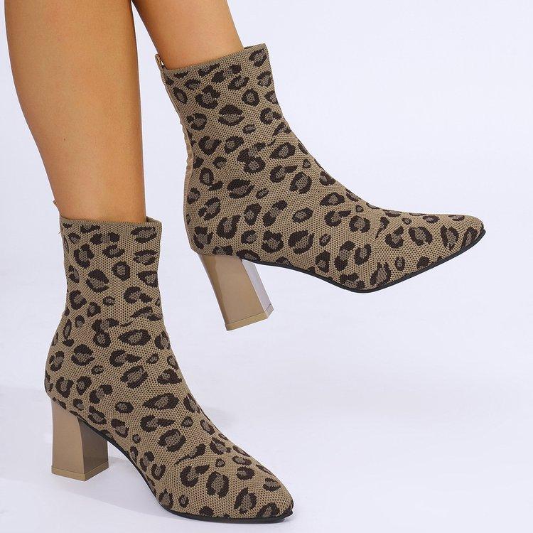 New Korean version leopard print thick heel short boots pointed high heel flying woven elegant fashion boots women's boots large size wish