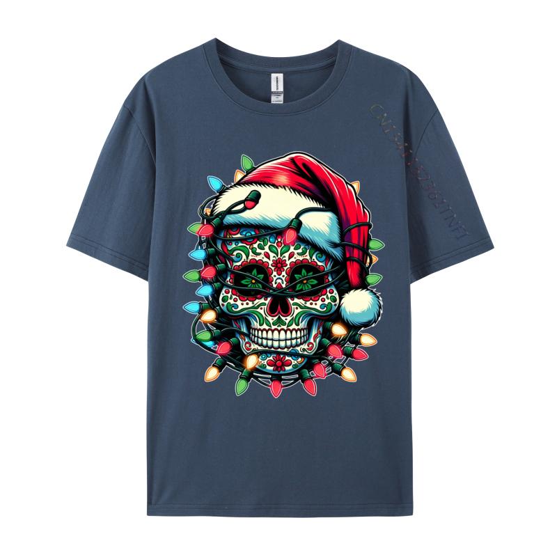 Weihnachten Zuckerschädel Weihnachtsmannmütze Lichter Tag der Toten X-Mas T-Shirts Herren T-Shirt Tops Baumwolle Oversized T-Shirt Herren Kleidung
