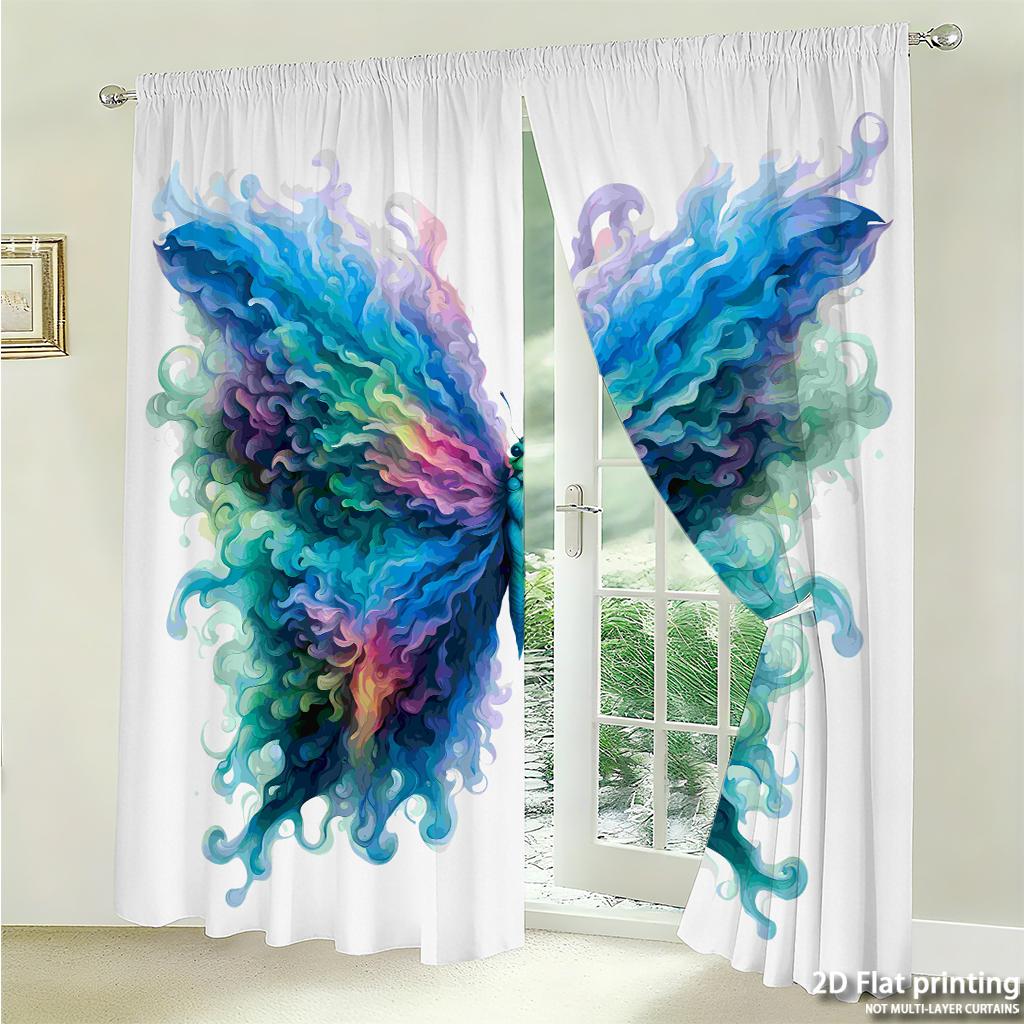 Piece Set High Definition Digital Printed Curtainscolorfulflowingbutterflyartstyleforrodcurtainshome Decoration Style Curtain Polyester
