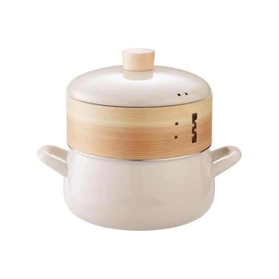 Fuji Enamel Enamel Pot with Steamer, 20cm, Greige, Suitable for steaming, Open flame/IH compatible
