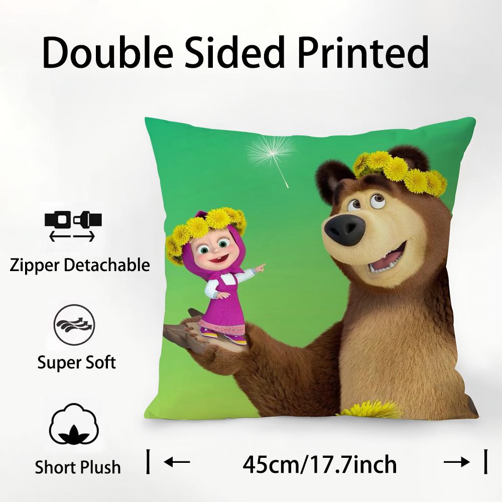 M-Masha And B-Bears Pillow Case Plush Fabric Soft Double Sided Print Sofa Cushion Cover Throw Pillow Covers