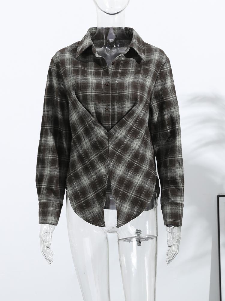 Camicie Eleganti a Quadri da Donna con Rever Maniche Lunghe Monopetto Oversize Autunno 2025 Lady Chic Streetwear