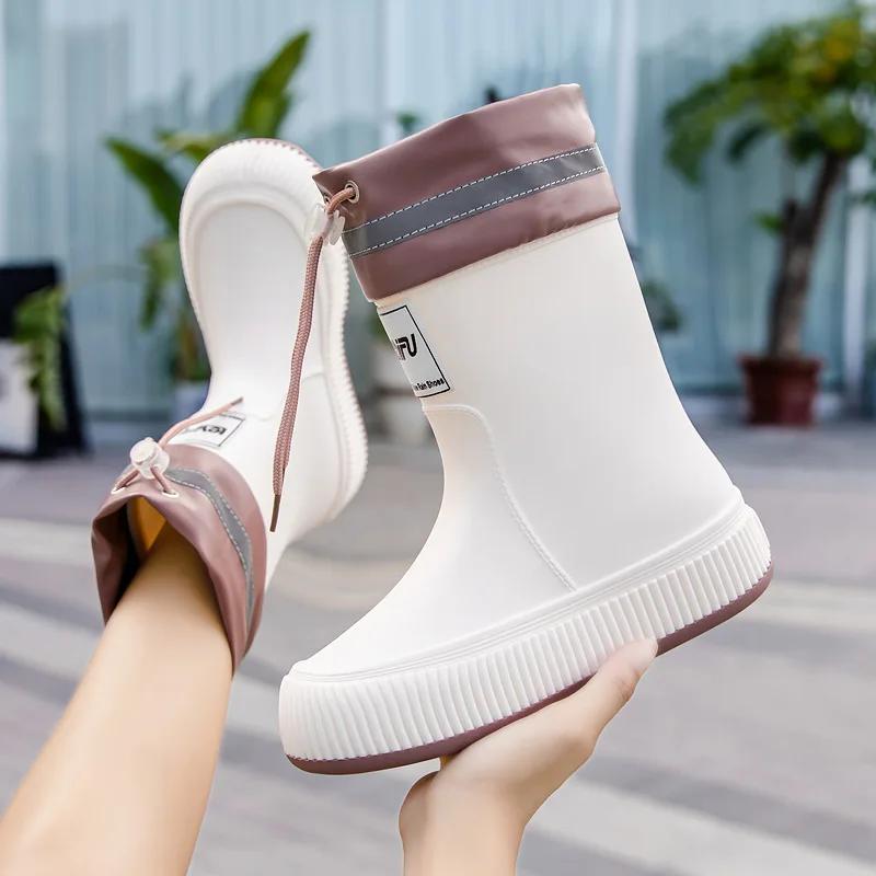 

Women s Mid-Calf Fleece Lined Tying Rain Boots Fashionable Waterproof Kitchen Anti-Slip PVC Shoes Warm Comfortable Slip-On Boots 40/41