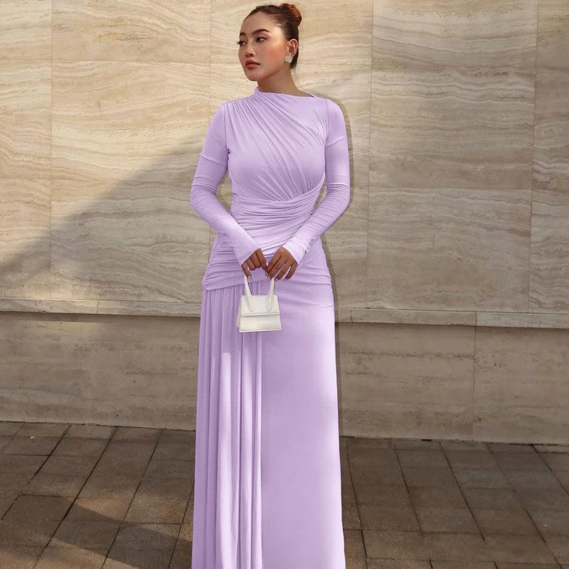 

European and American style autumn and winter new fashionable solid color round neck long-sleeved pleated slim-fitting hip-wrapped dress L лаванда фіолетовий колір