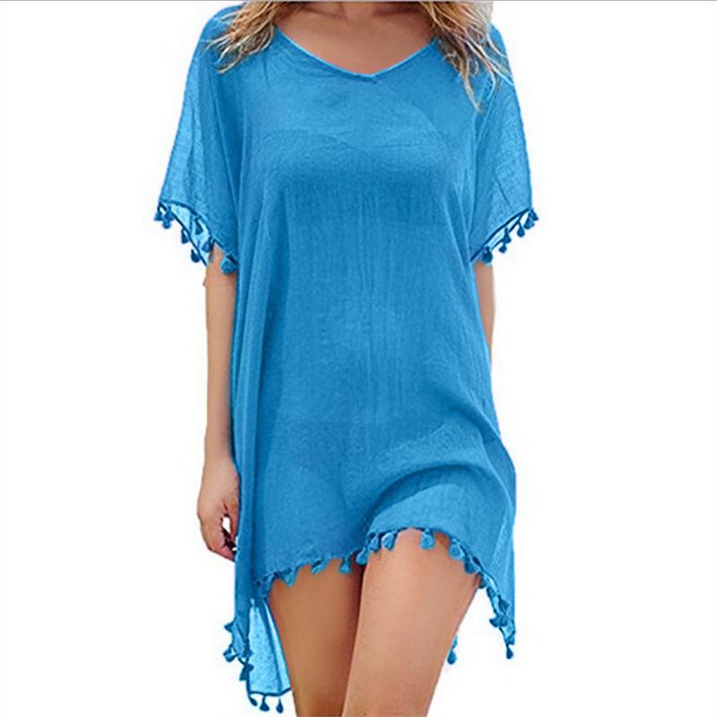 Summer Chiffon Tassels Beach Dress Women Swimwear Bikini Cover Up Female Mini Loose Solid Pareo Tops Swimsuit