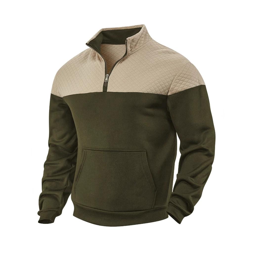 Men Color Block Quarter Zip Sweatshirt Mock Neck Pullover with Kangaroo Pocket Ribbed Cuffs Hem Long Sleeve Spring Fall Casual Streetwear Top