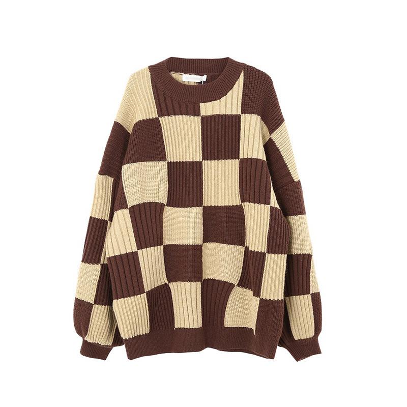 Pulover cu tablă de șah Top de toamnă și iarnă pentru femei Pulover din tricot în stil leneș retro japonez