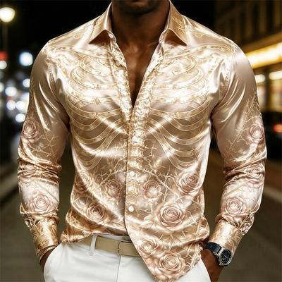 Luxury Men Silk Satin Shirt Rose Floral Jacquard Long Sleeve Slim Fit Formal Evening Wedding Prom Party Business Dress Shirts
