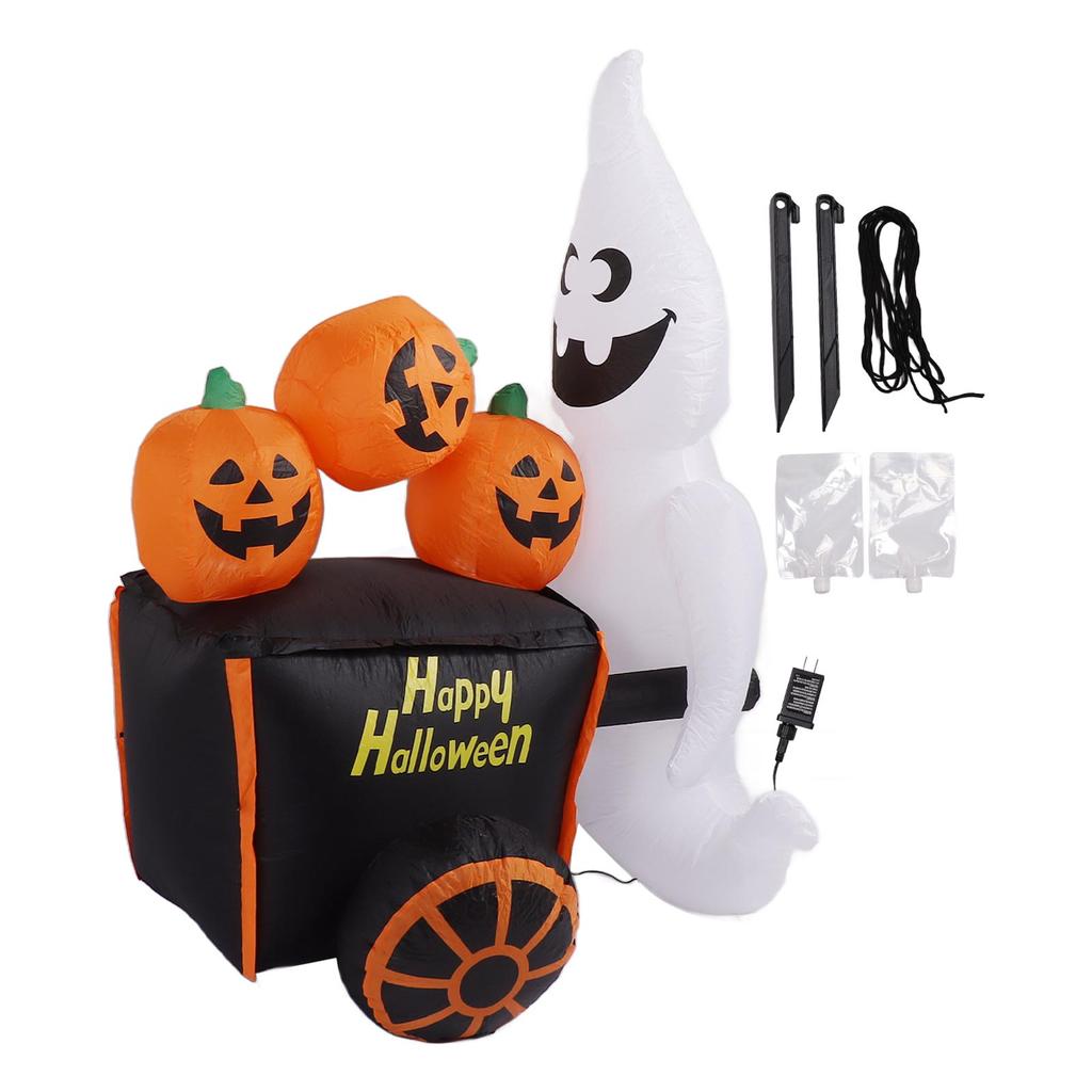 6ft Halloween Inflatable Ghost Pushing Pumpkin Cart Decor IP44 with Blower LED Lights Outdoor