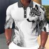 Trendy Long-sleeve Polo Shirt with Wolf and Feather Print, Casual and Fashionable.