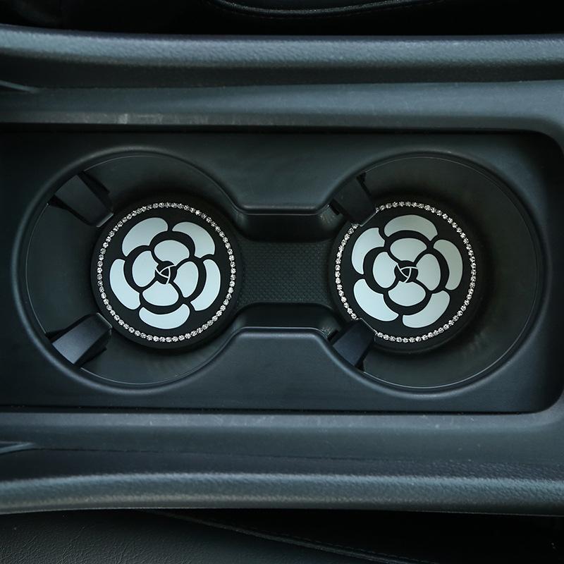 1PC Car Water Cup Pad Creative Diamond Inlaid Camellia Flower Storage Tank Non-Slip Mat Interior Decoration Products For Women