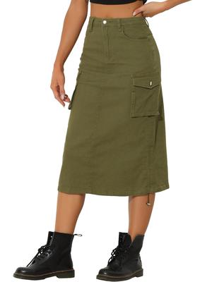 Allegra K Y2K Solid Color Cargo Skirt, A-Line, Midi Long Denim Jeans, Cool Style, Women's, Army Green, Size M