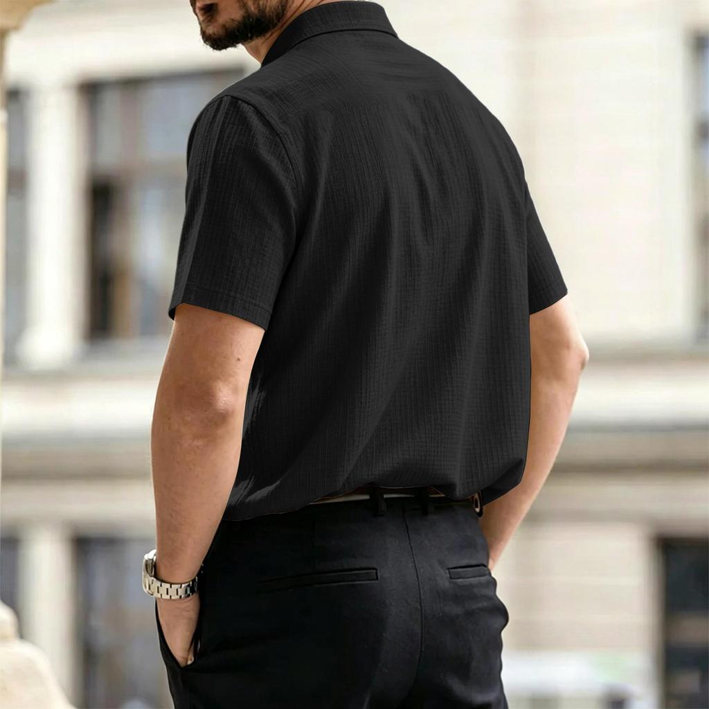 Men's Lightweight Short Sleeve Polo Shirt Breathable Fabric Loose Fit Casual Collared Shirt with Small Checkered Pattern Suitable for Large Sizes
