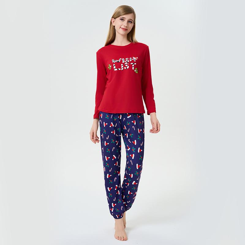 

Women s Red & Blue Christmas Hat Print Pajama Set – European & American Style, Autumn Casual Wear S