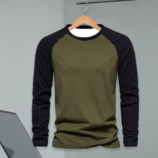 Autumn Winter Men Bottoming Top Slim Fit Patchwork O Neck Pullover Stretchy Long Sleeves Mid Length Fitness Exercise Daily Wear Shirt