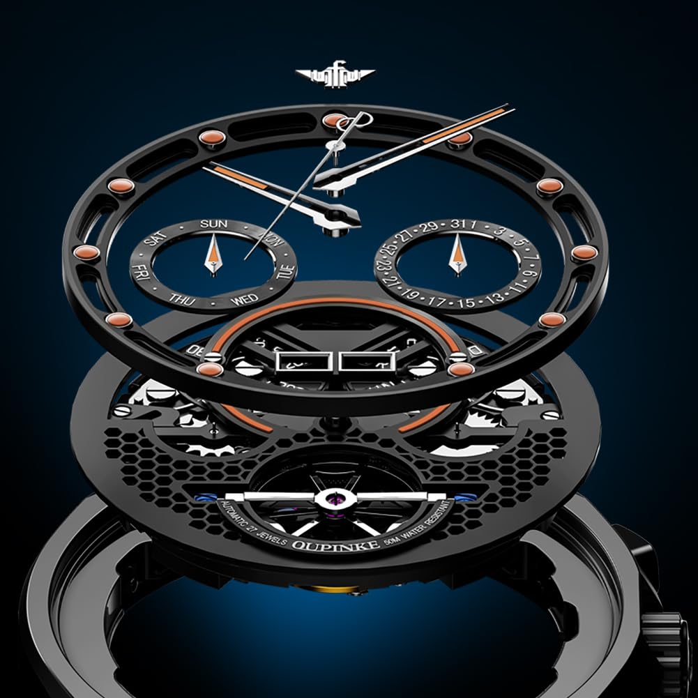 Luxury Mechanical Skeleton Tungsten 50M Water Sapphire Tungsten Black Men's Watch, Automatic/Hand-Wound, Steel, Resistant, Crystal, Strap, Luminous,