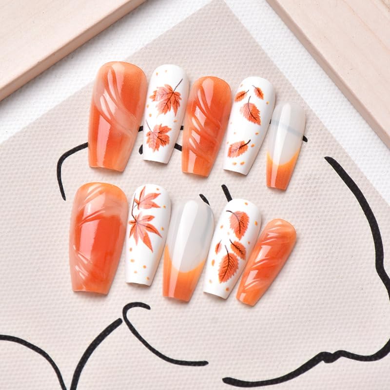 30Pcs Fall Orange Press on Nails Medium Almond Acrylic Fake Nails Polish Painting Autumn Thanksgiving Maple Leaf Pumpkin Glue on Nails Orange French Maple-4
