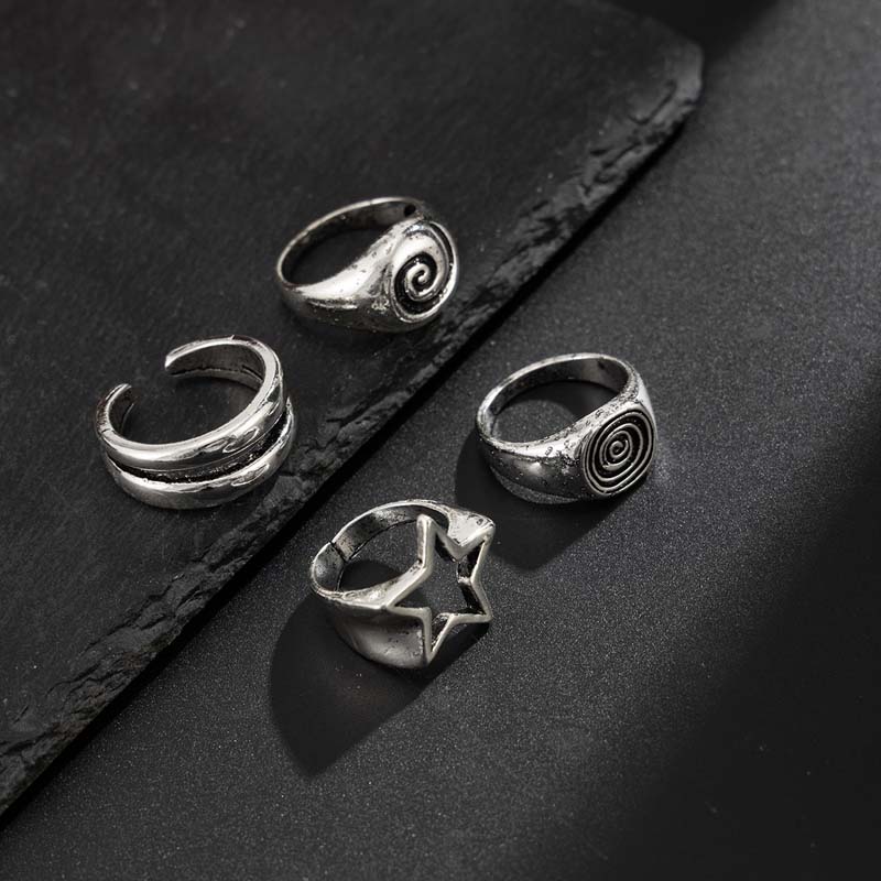 4 Pièces/Ensemble Anneaux Larges Étoile à Cinq Branches Spirale Couleur Argent Vintage Punk Pour Femmes Hommes Anneaux de Doigt Épais Hiphop Créatif Bijoux