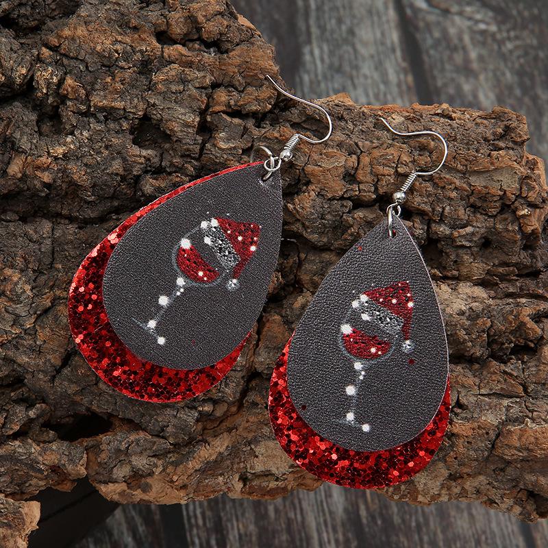 Einzigartige Weihnachts-Ohrringe in Tropfenform mit Pailletten und Leder, mit Weinglas- und Hut-Design