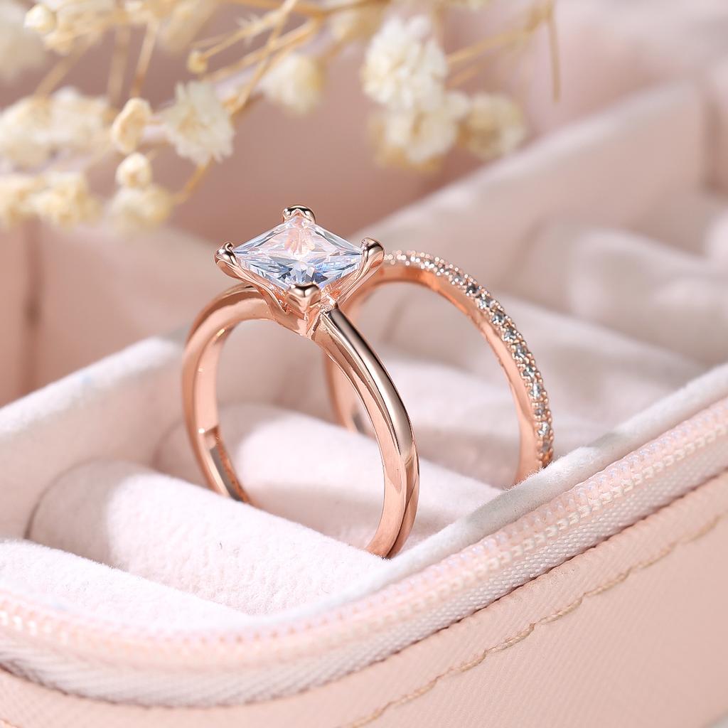 2Pcs/Set Rose Golden Color Square Cut White Stone Wedding Ring Set Valentine's Day Jewelry Gifts