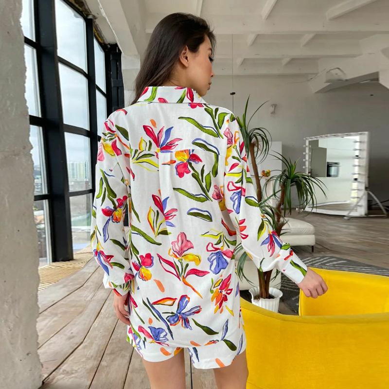 European and American Style Women's Spring and Autumn Casual Printed Long Sleeve Shirt and Shorts Two-Piece Set