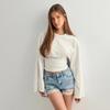 Women's Solid Color Round Neck Long Sleeve Top: European/American Style, Wide Sleeves, Cinched Waist
