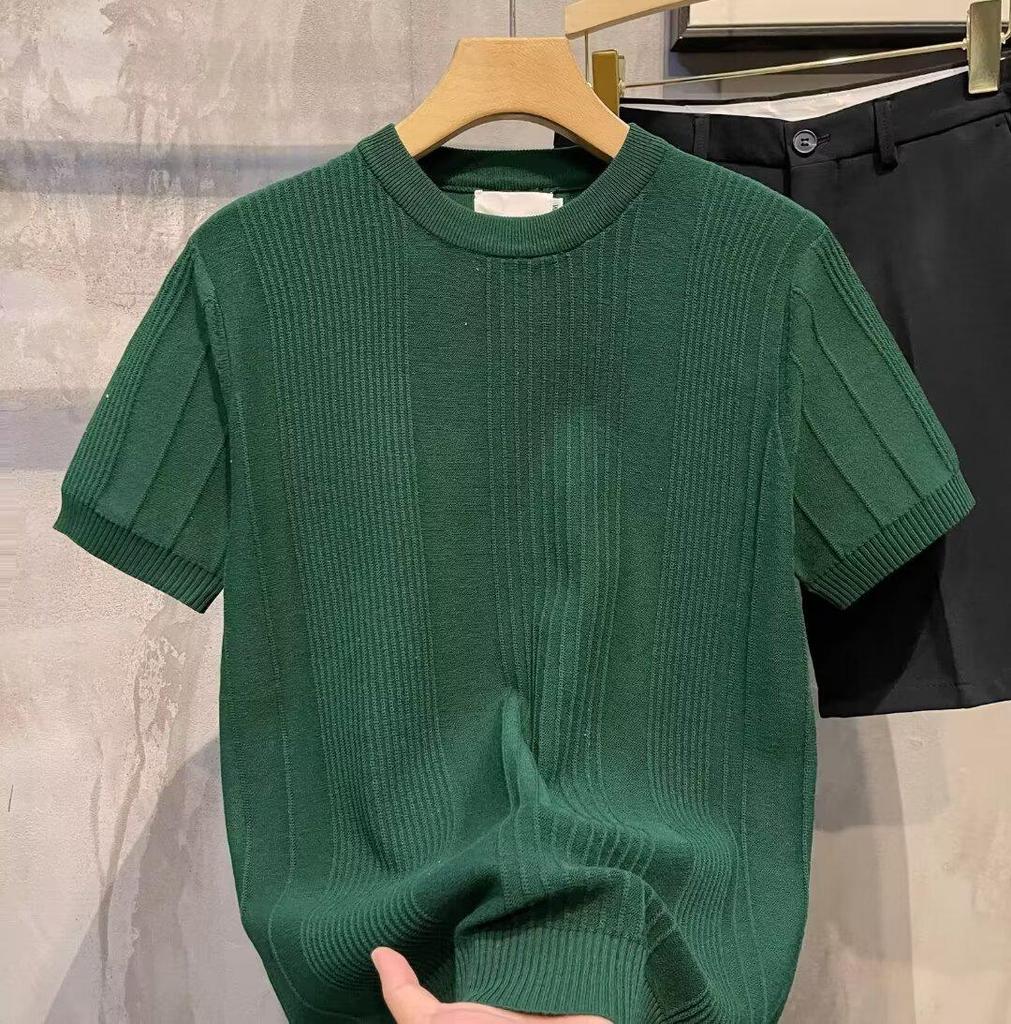 Męski letni T-shirt z dzianiny z krótkim rękawem, dopasowany krój slim fit, okrągły dekolt z lodowego jedwabiu