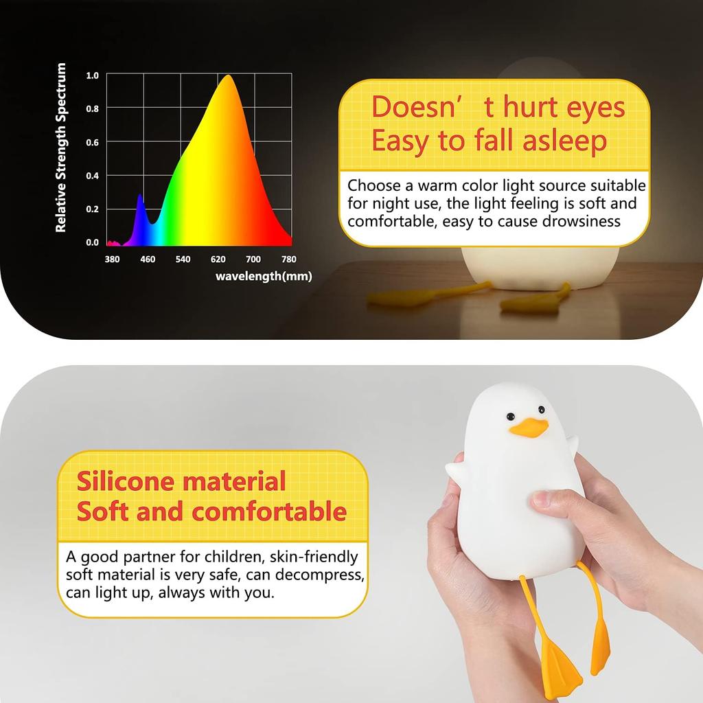 Duck LED Night Bedside Nursing Timer Cute Dimmable Table Night Bedside USB Safe ABS Ambient Warm Baby Gift Light, Lamp, Light, Setting, Lamp, Light,