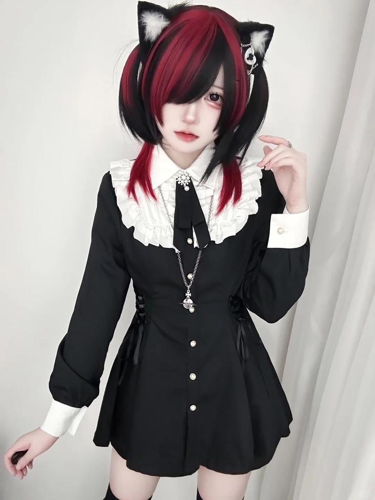 ZYOOFOV Long Mini Loose Girly Korean Mori Princess School Autumn Women's Ruffled, Bowknot, Button-Down Dress, Sleeves, Lightweight, Breathable, Dress,