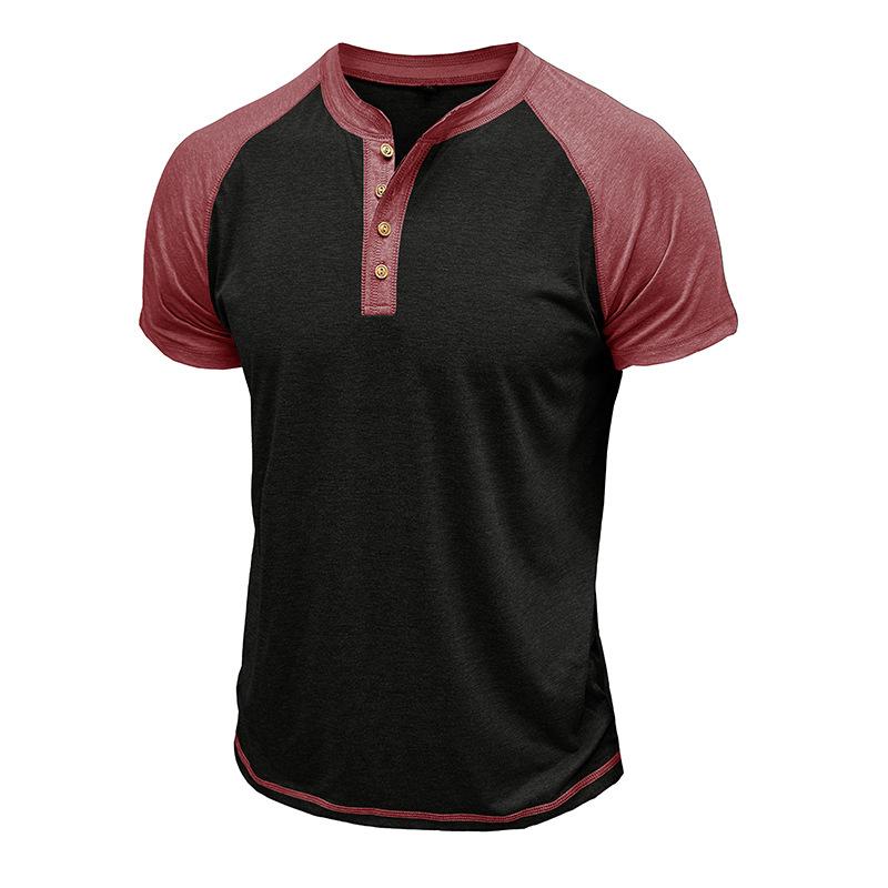 Men's Summer Short Sleeve T-Shirt Fashion Patchwork Henry Collar Button Casual Tees Tops