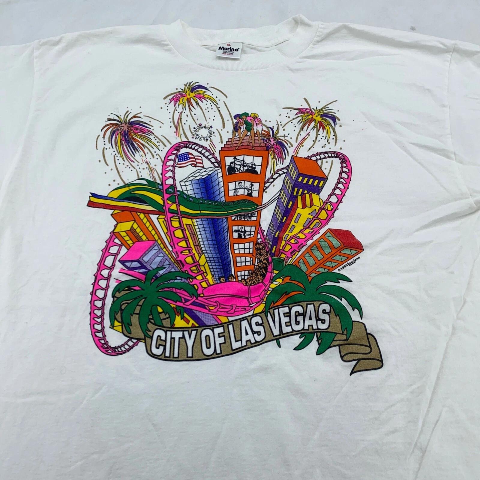 vintage 90s CITY OF LAS VEGAS ART T-Shirt L/XL rollercoaster skyline cartoon 2XL