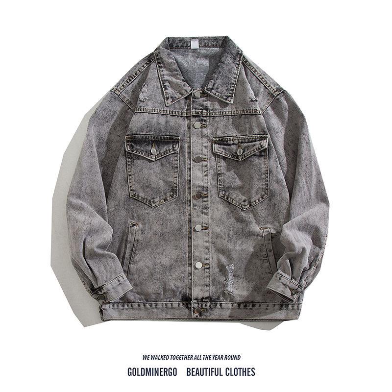 

Men s Retro Washed Denim Jacket - 2025 Autumn/Winter Loose Distressed Lapel Workwear XL сірий колір