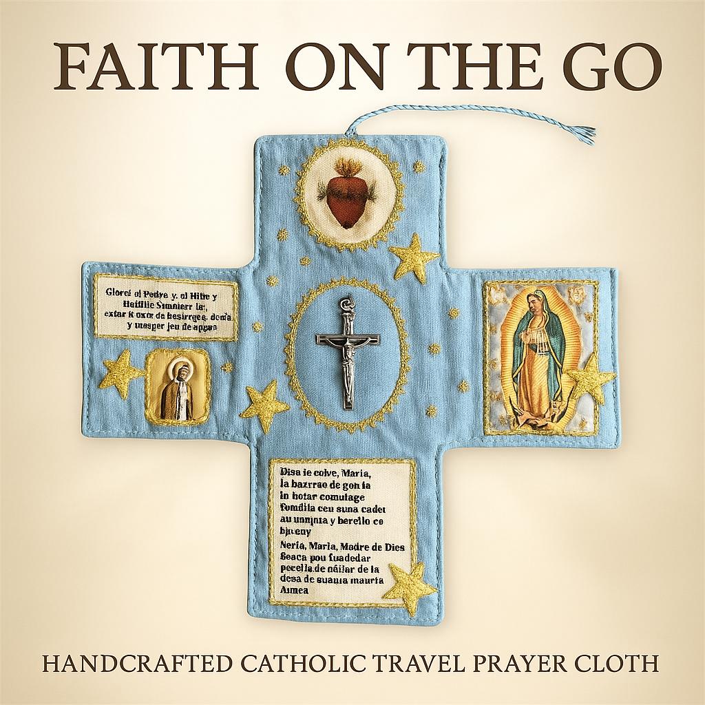 Bolsa Devocional Católica de Tecido em Forma de Cruz Feita à Mão com Crucifixo Imagem de Santo Virgem Maria para Uso Diário na Fé