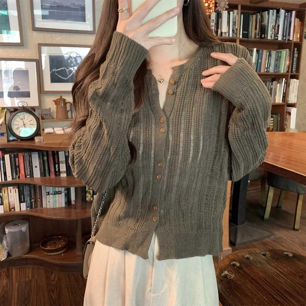 Hollowed-out Knitted Sweater for Women Long-sleeved Korean-style Knitted Cardigan Loose Knitted Sweater Top Sweater