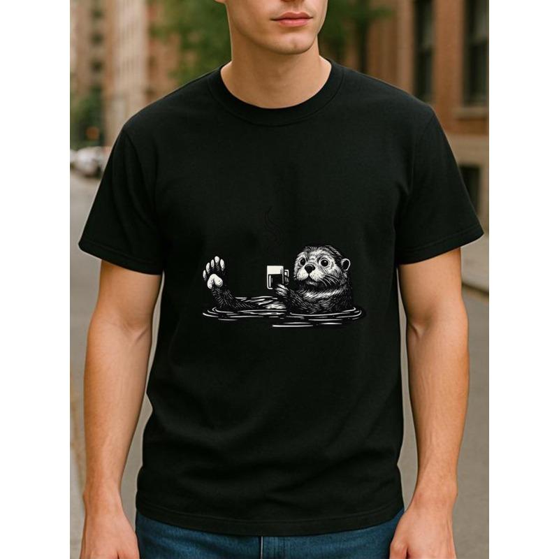 Tamanho Europeu Relaxamento Máximo, Café Lontra, Camisa Masculina de Manga Curta Estampada, Top de Tecido Respirável Estampado, Camiseta Simples de Malha de Algodão Puro