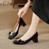 White High Heels Thick Heel Not Tired Feet 2025 New Versatile Women's Shoes Shallow Mouth Square Head Shoes Patent Leather Middle Heel Single Shoes