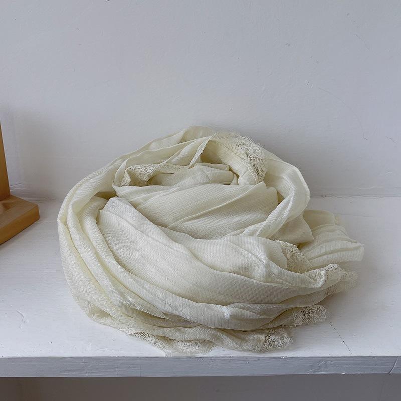 Sanftes Temperament Spitze Plissee Langer Baumwollleinen Schal für Damen Frühling und Herbst Reine Baumwollgaze Schal Sonnenschutz