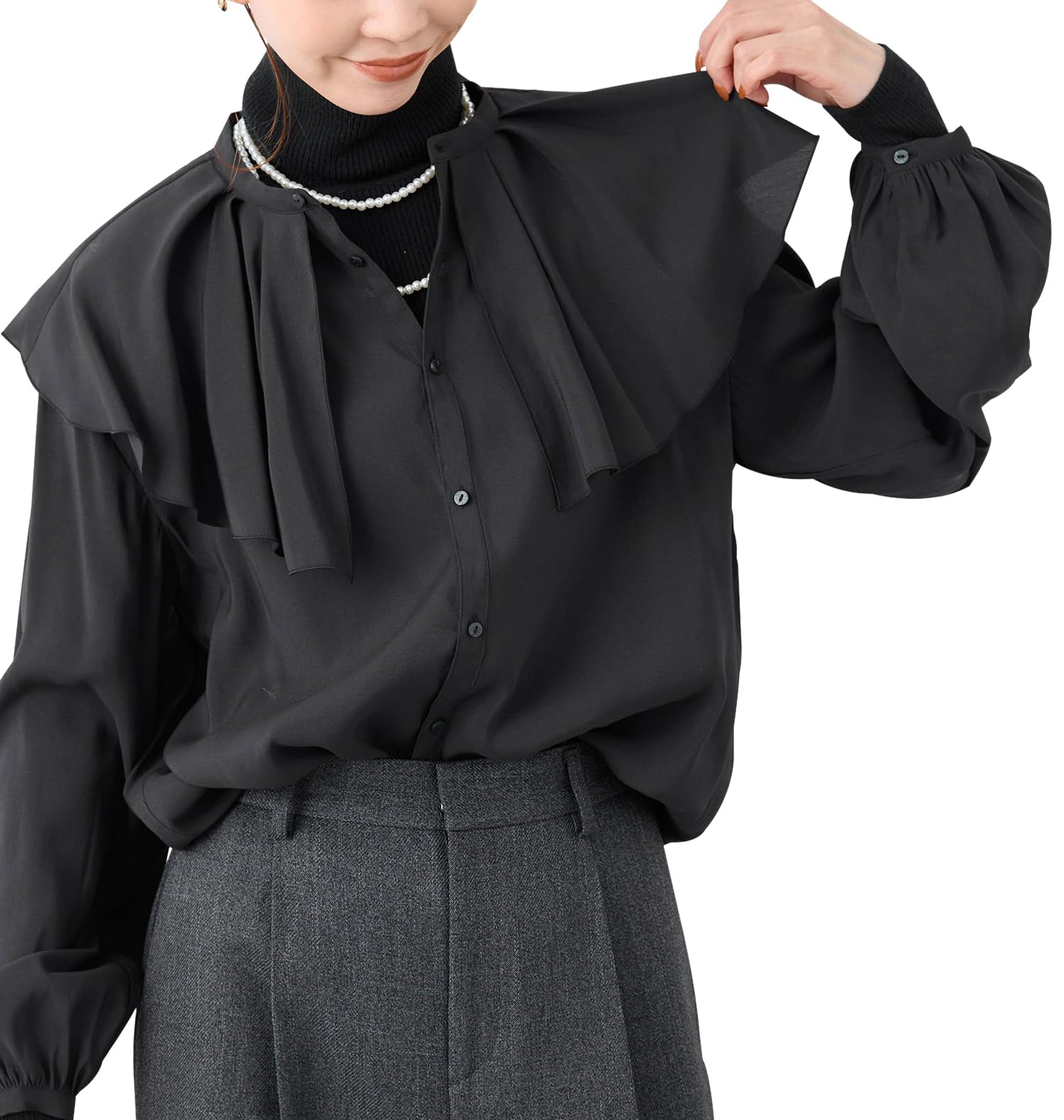 

ROPE PICNIC Frill Collar Black Women s Blouse, (01)