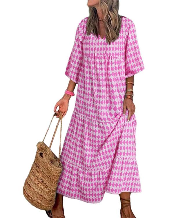 2023 Autumn New Independent Station Hot-selling Geometric Printing Bubble Sleeve Dress Street Fried Street Large Size Women's Clothing