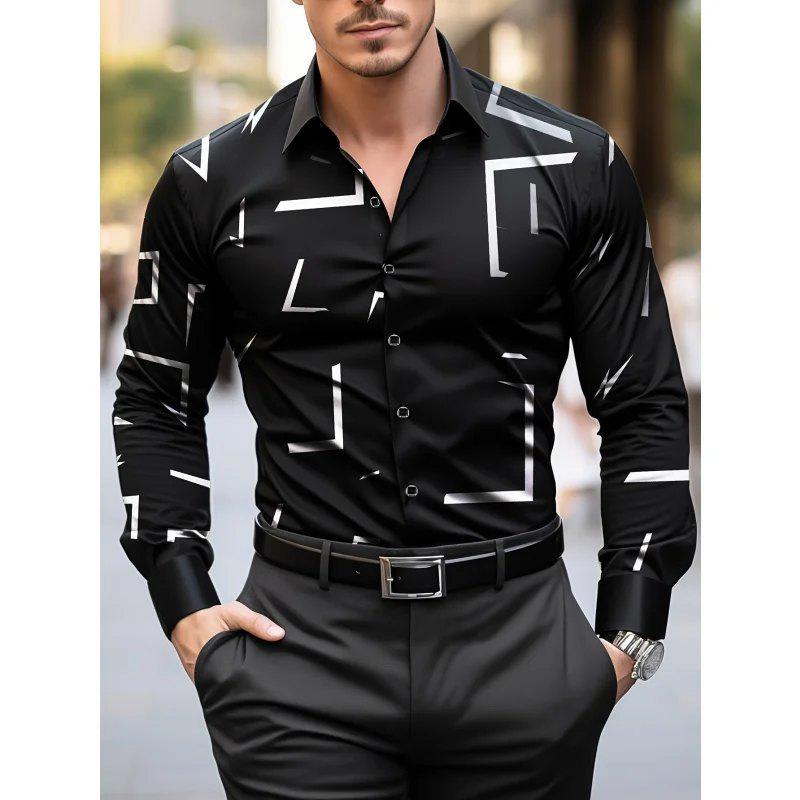 Męska koszula z długim rękawem slim fit drukowana w 3D - Modna biznesowa casual, rozciągliwa w czterech kierunkach na wiosnę i jesień