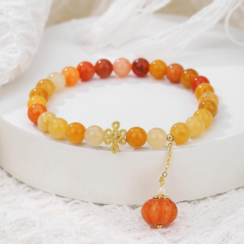 

Браслет из натурального камня Золотой шелк жадеит Тыква с бусинами - Высококачественный женский аксессуар