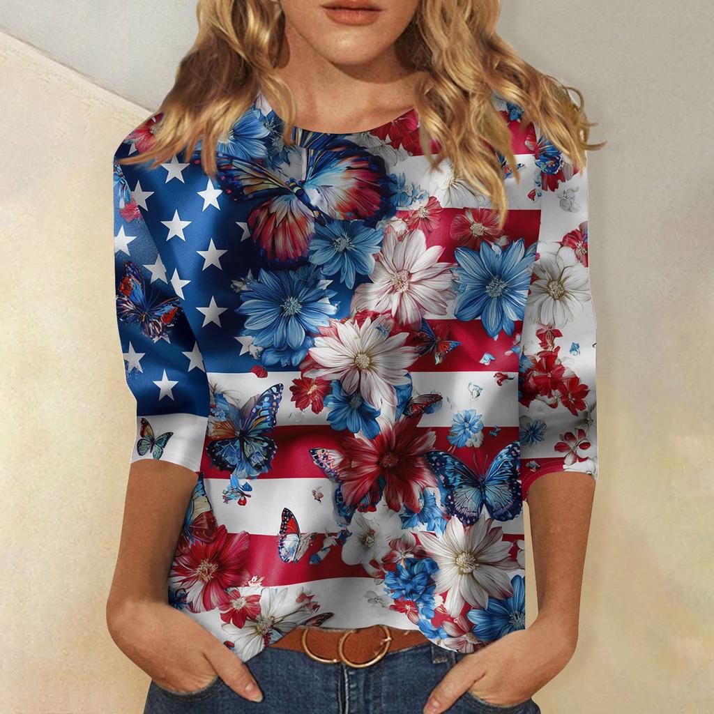 T-shirt Top Casual alla Moda da Donna con Stampa Bandiera Americana e Stelle per l'Indipendenza, Scollo, Manica a Tre Quarti