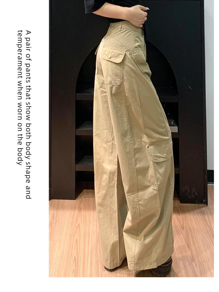 Women's Army Green High-Waisted Wide-Leg Cargo Pants - Petite, Loose-Fit, Slimming, Casual Spring 2026 Style